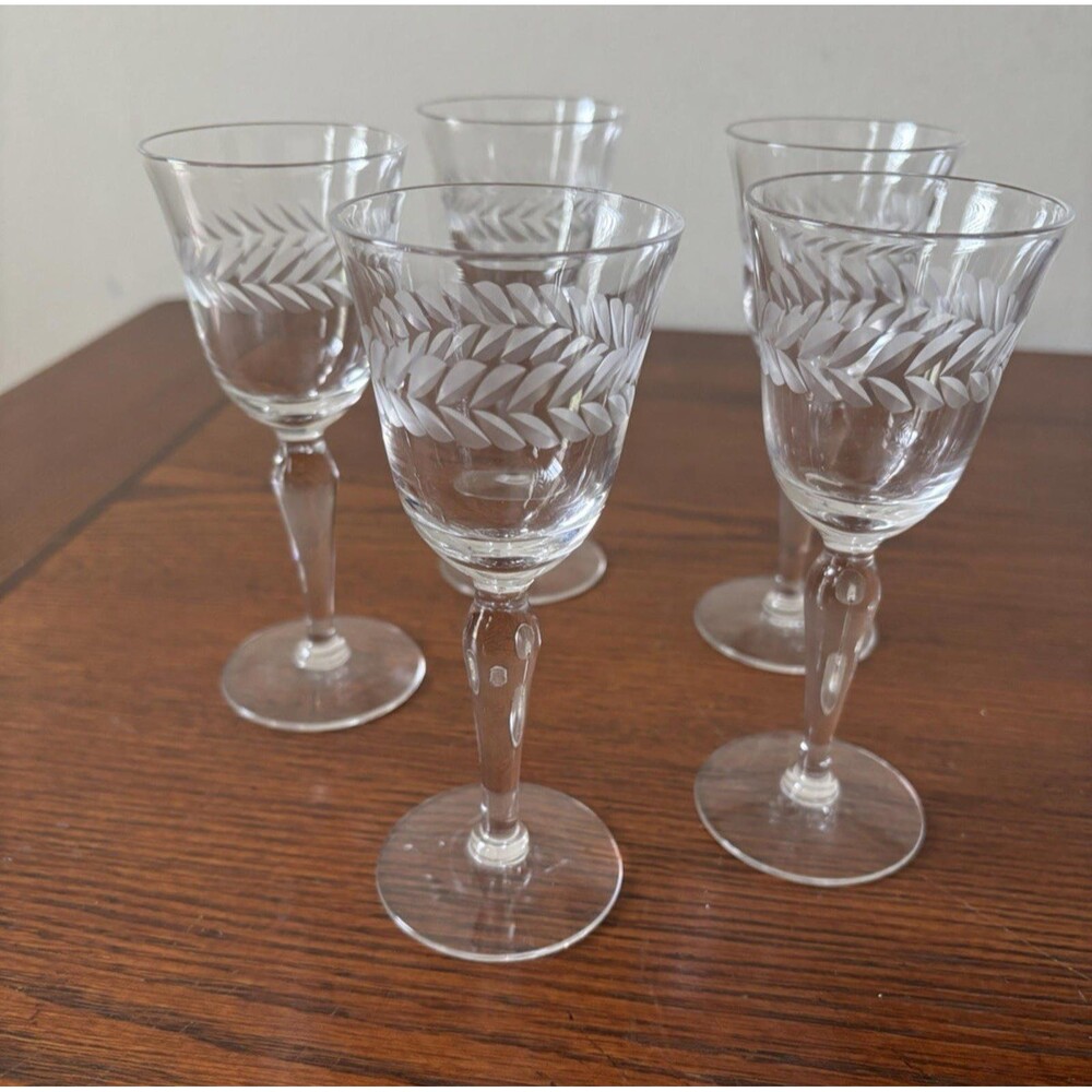 Vintage Etched Cordial Liqueur Glasses - 4" Feather Design Set of 5